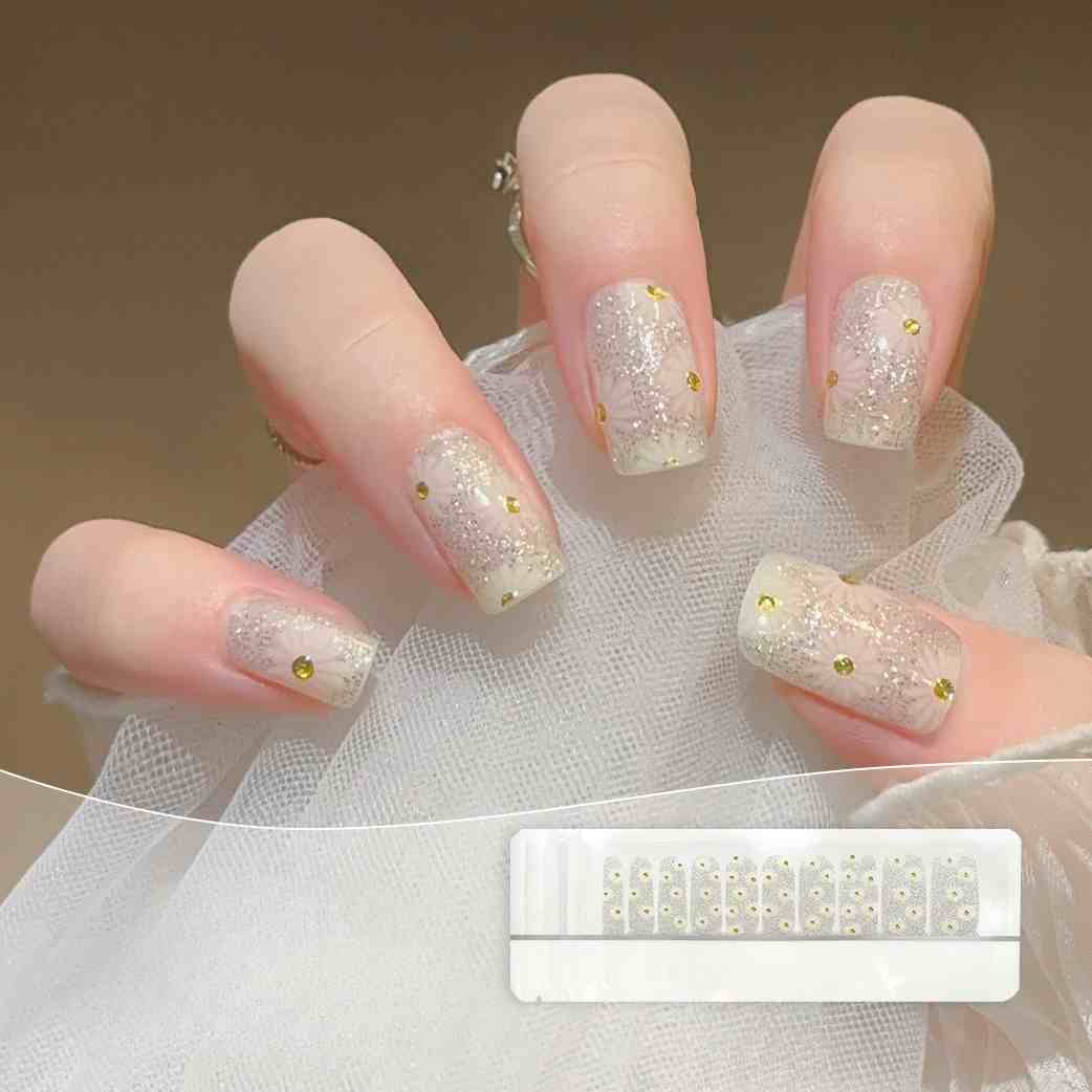Daisy Sparkle (Non-UV Gel)_Selbstklebende Gelnagelfolien – 3D-Gel-Optik ohne UV-Lampe | 15 Tage Halt | 20 Stück