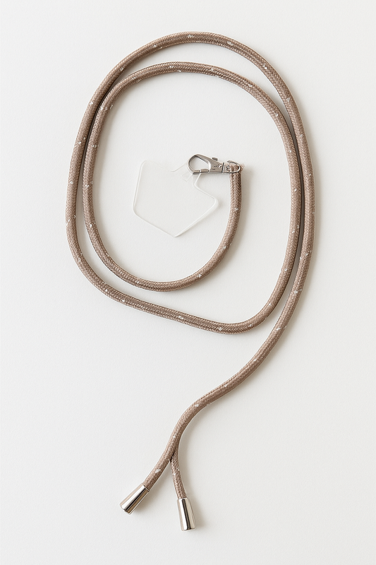 Universelle Handykette beige – Handyband mit Karabiner und Befestigungsplättchen aus Textil